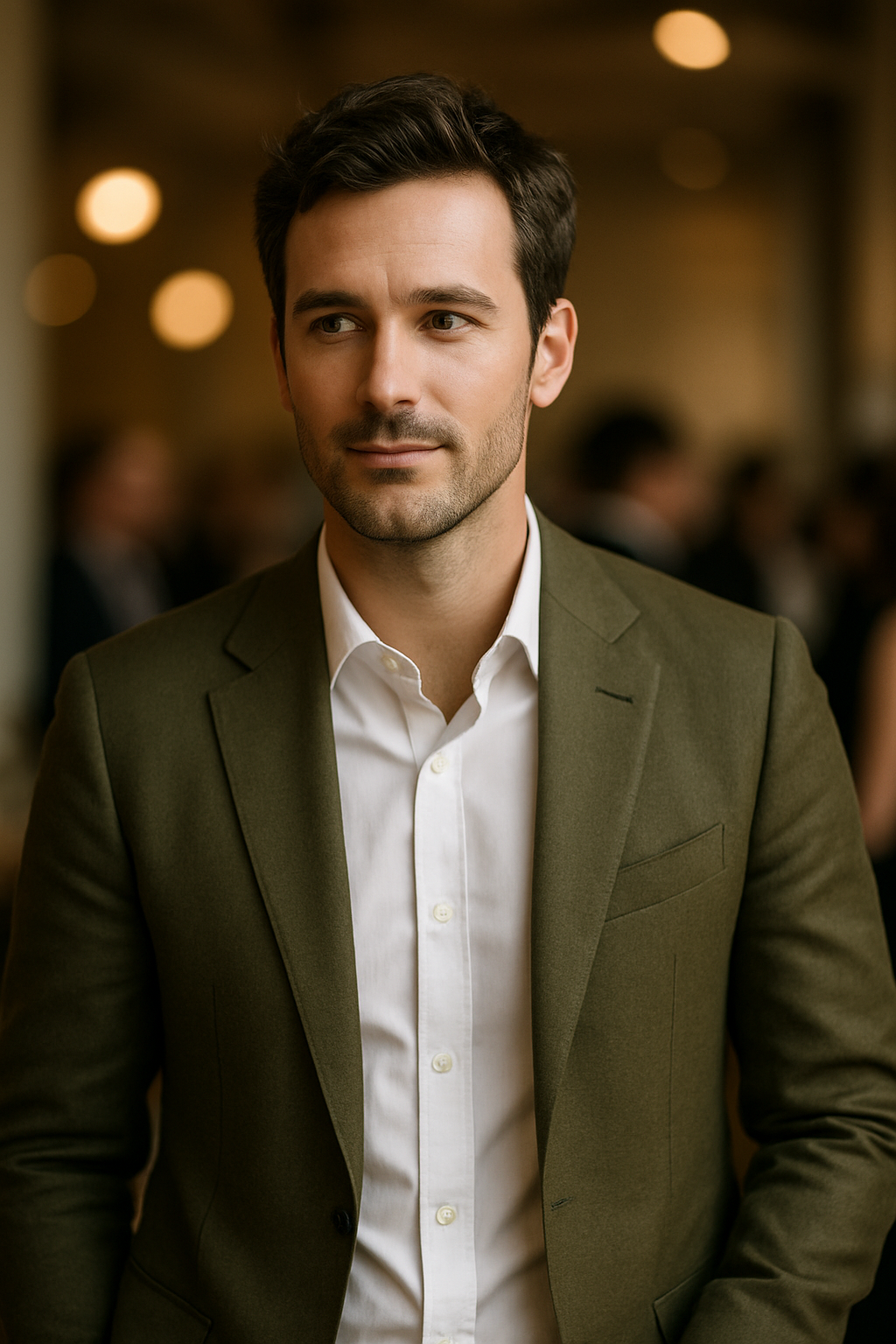 A man wearing an olive blazer and white shirt, looking stylish and confident.