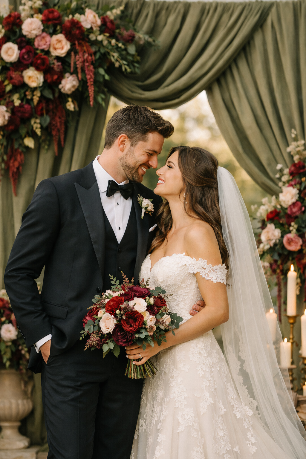 Bride and groom smiling at each other in front of an olive green ceremony backdrop decorated with flowers.