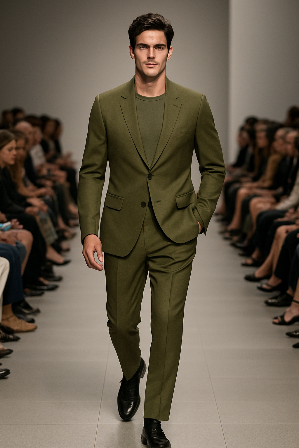 A man wearing an olive green suit with a quilted inner layer, standing in a modern interior.