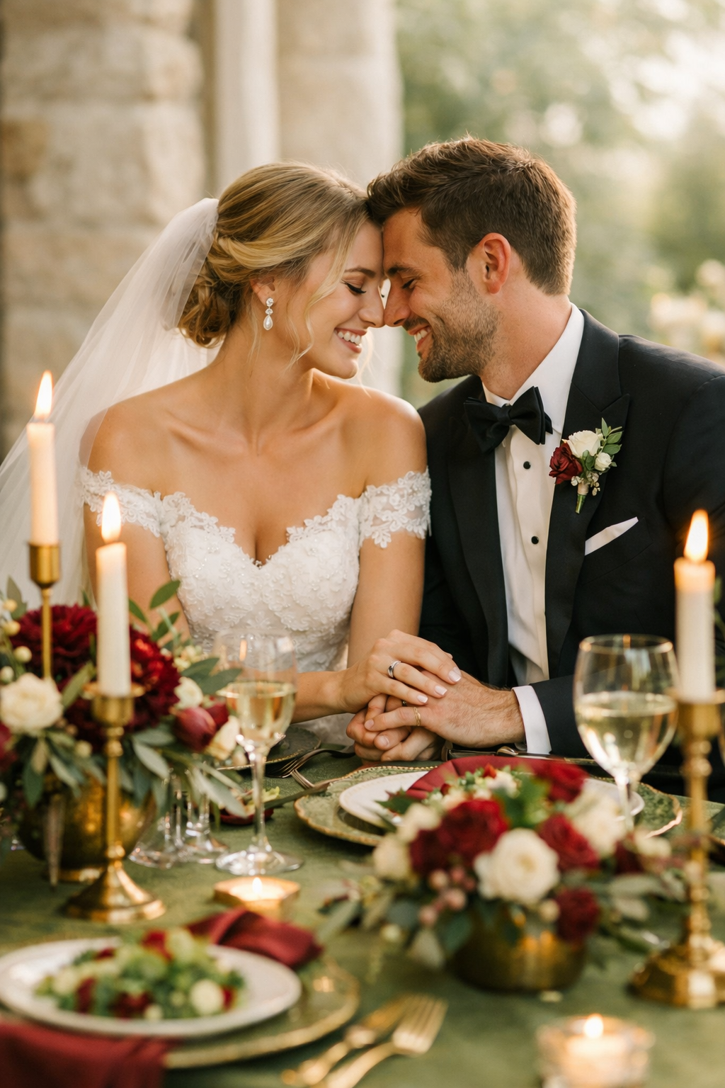 A beautifully set wedding table with olive green linens, burgundy flowers, and candles