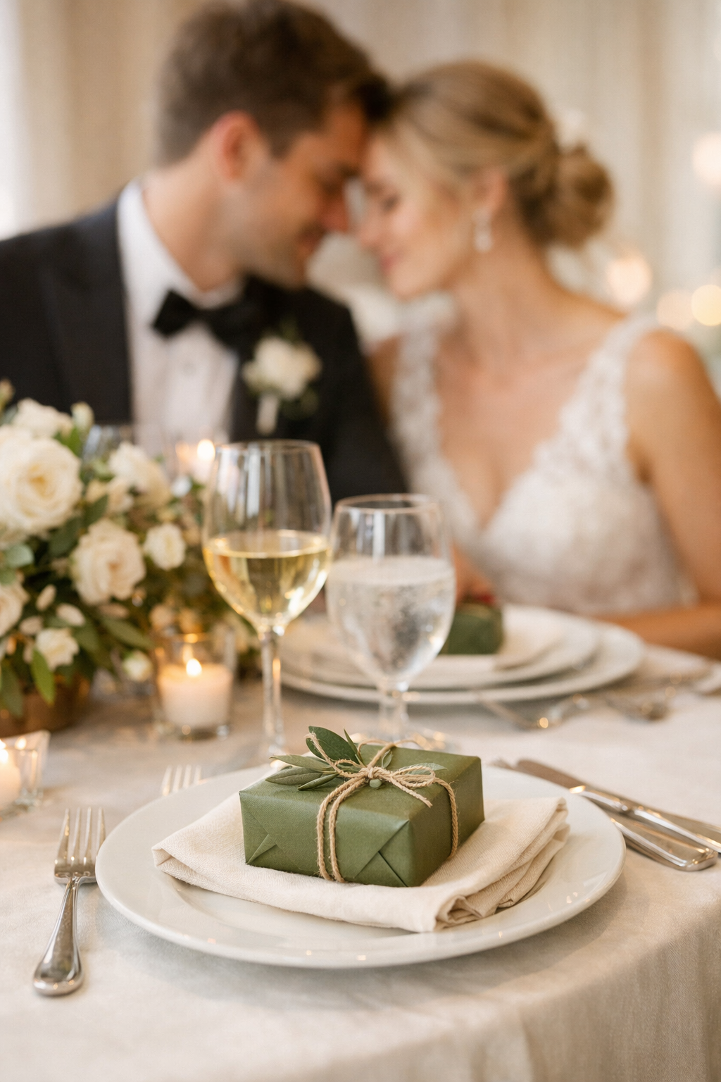 Elegant olive green wedding favor wrapped with twine on a plate next to a bouquet and wine glasses.