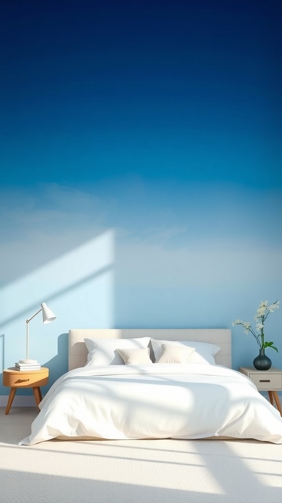 A bedroom featuring a beautiful ombre wall gradient from light blue to dark blue.