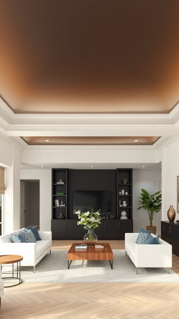 Modern living room with an ombre effect tray ceiling in warm tones.