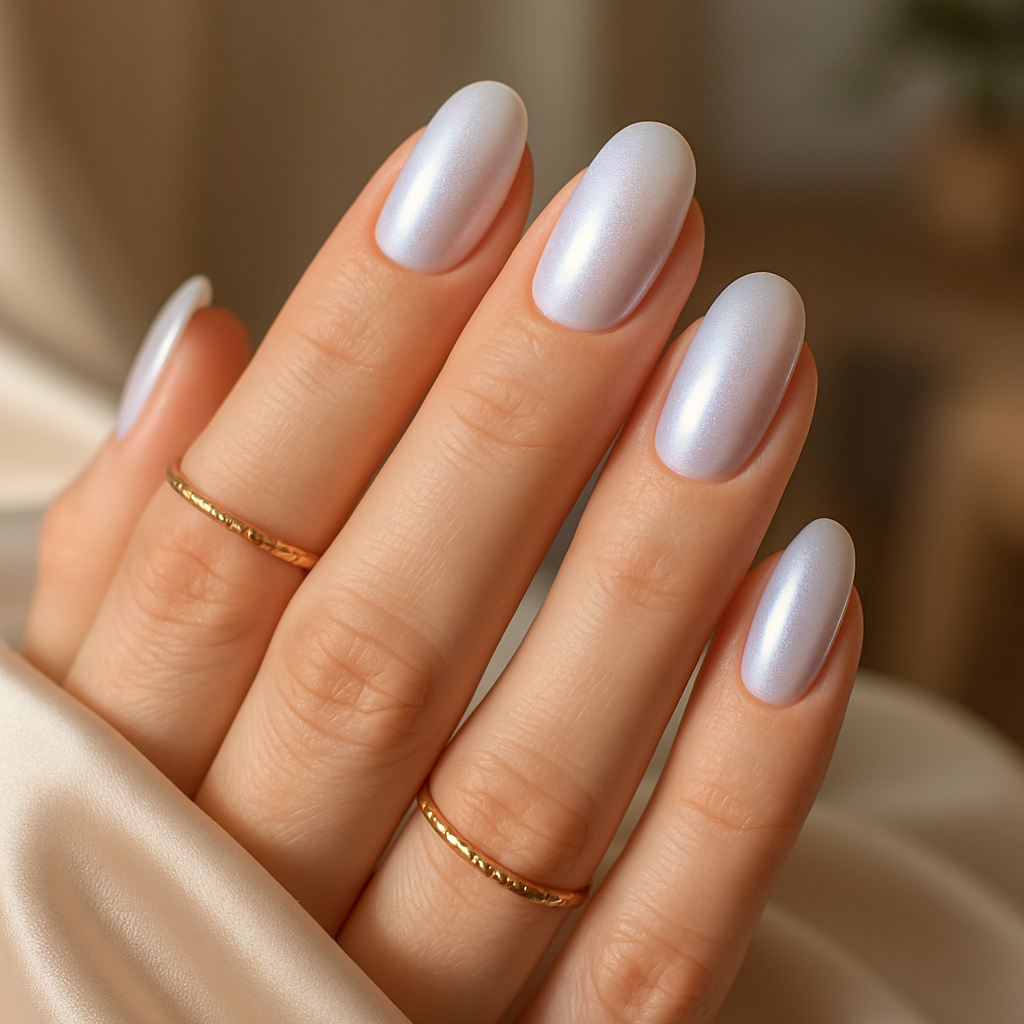 Close-up of hands with ombre pearl effect nails, featuring a light lavender to pearl gradient and gold rings.