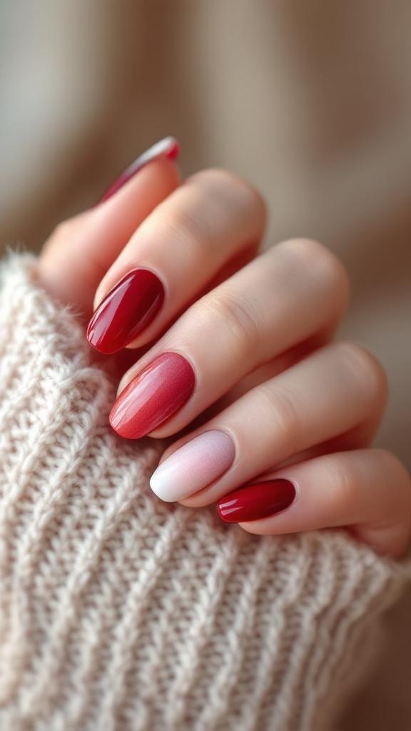 A hand with ombre red nail art, featuring shades from dark red to light pink, resting on a cozy knitted sweater.