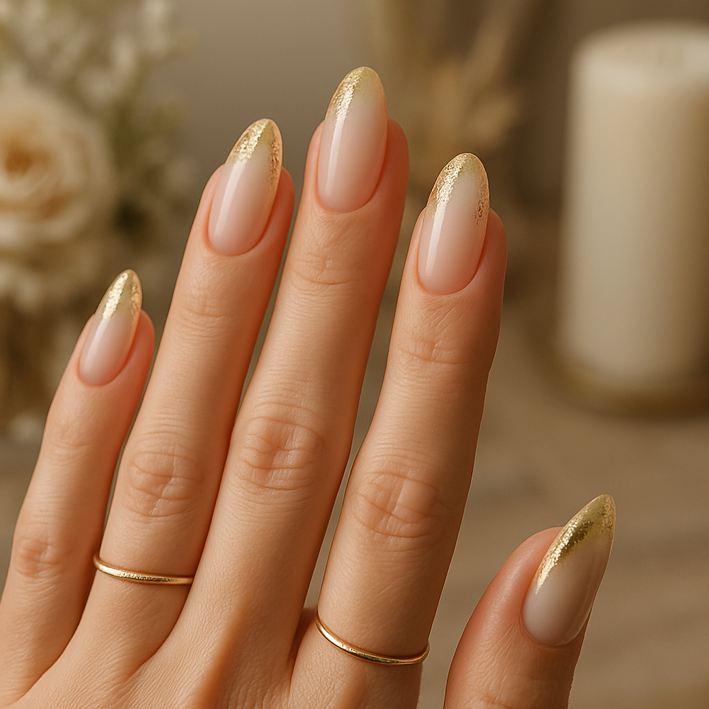 Close-up of elegant ombre nails with metallic gold foil tips