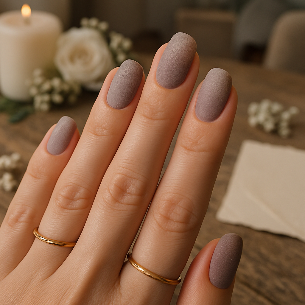 Ombre nails with a textured finish in shades of lavender, complemented by gold rings.