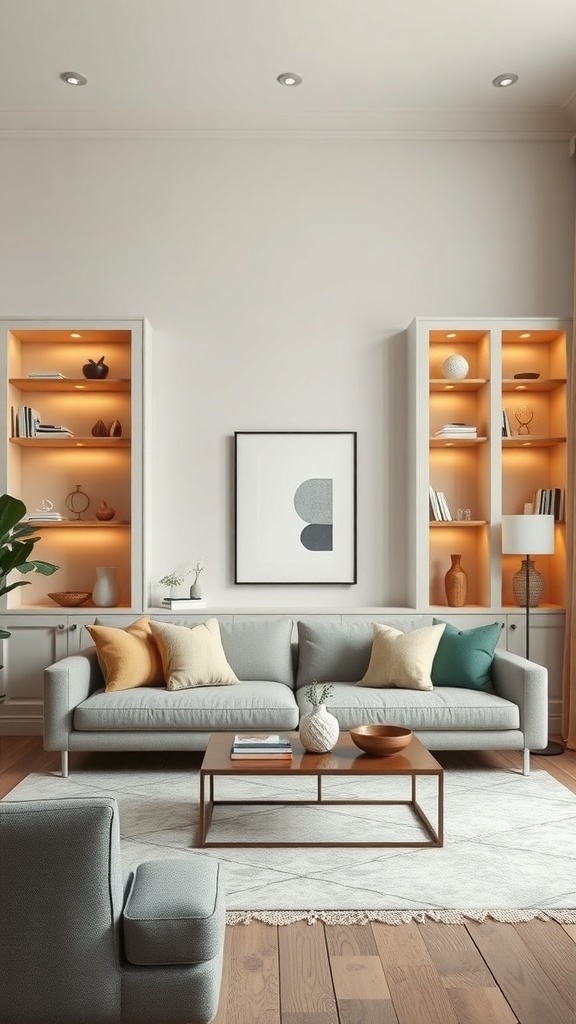 A modern living room featuring open-back shelves with warm lighting, a comfortable sofa, and a coffee table.