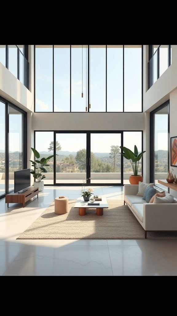 Modern living area with floor-to-ceiling windows, featuring a sofa, coffee table, and plants.