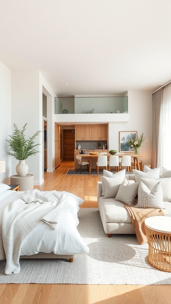 Open concept bedroom with a cozy bed, a sofa, and a dining area in a bright space.