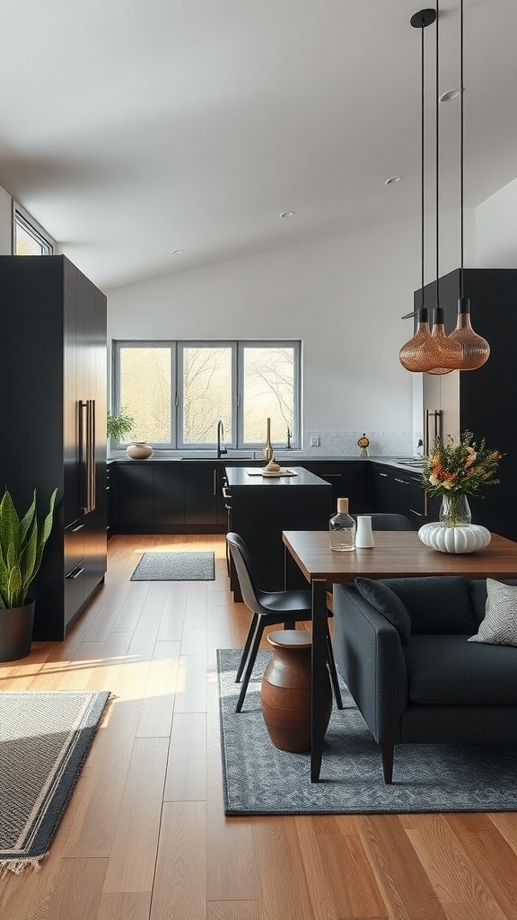 Open concept black kitchen with wooden flooring and modern decor