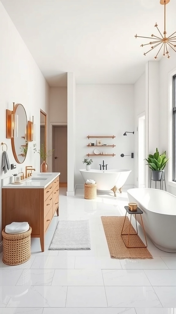 Open concept dual vanity bathroom featuring a modern design with natural light, a large bathtub, and elegant decor.