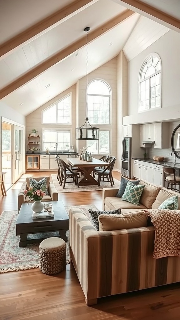 Cozy cabin living room with open concept layout, featuring high ceilings, large windows, and comfortable seating.
