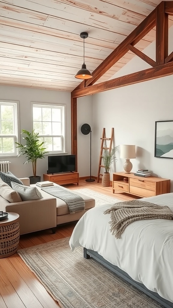 A rustic bedroom with an open concept layout featuring a cozy sitting area and wooden beams.
