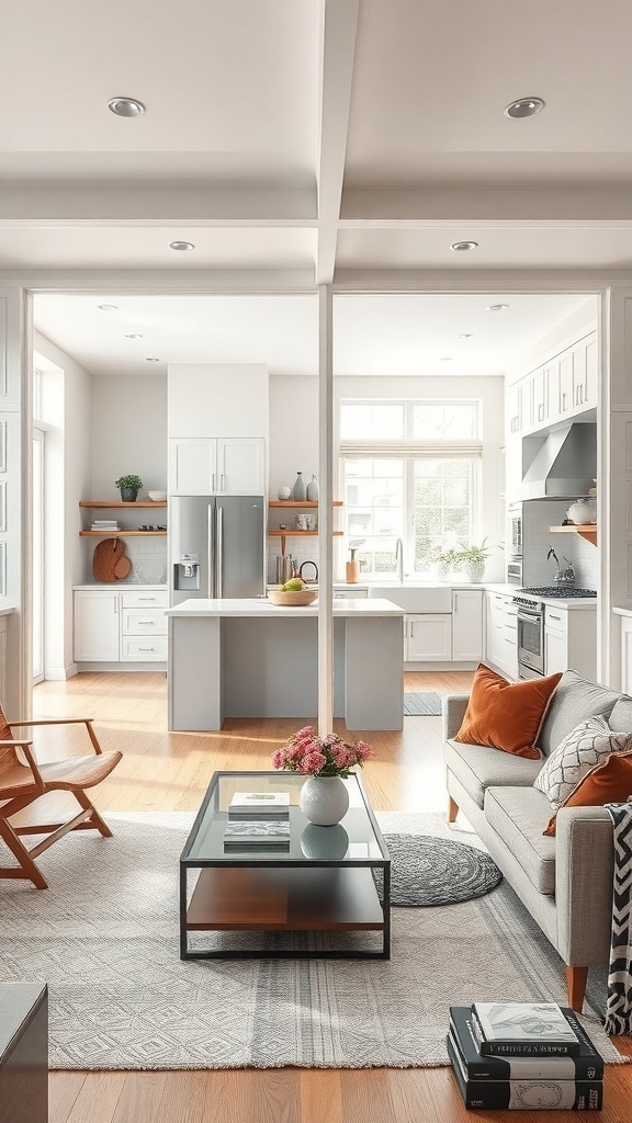 Open concept kitchen with a modern design, featuring a spacious layout that connects to a living area.