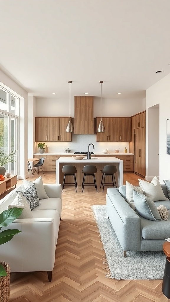Modern open concept kitchen with light wood cabinetry and herringbone flooring
