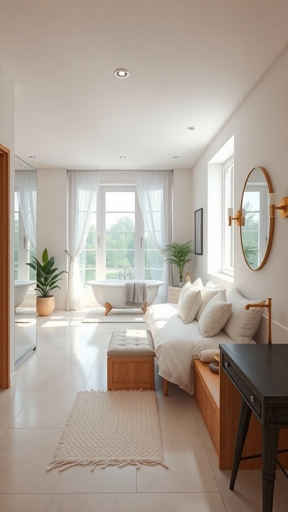 A bright and airy bathroom with an open concept layout, featuring a bathtub, seating area, and large windows.