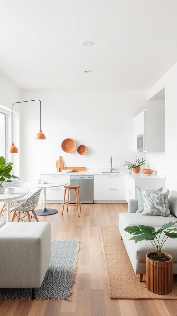 A bright, open concept kitchen and living area featuring a modern design with light colors and plants.