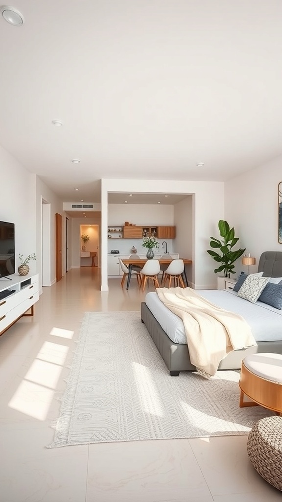 A modern bedroom with an open concept layout, featuring a bed, a rug, and a view of the living area and kitchen.