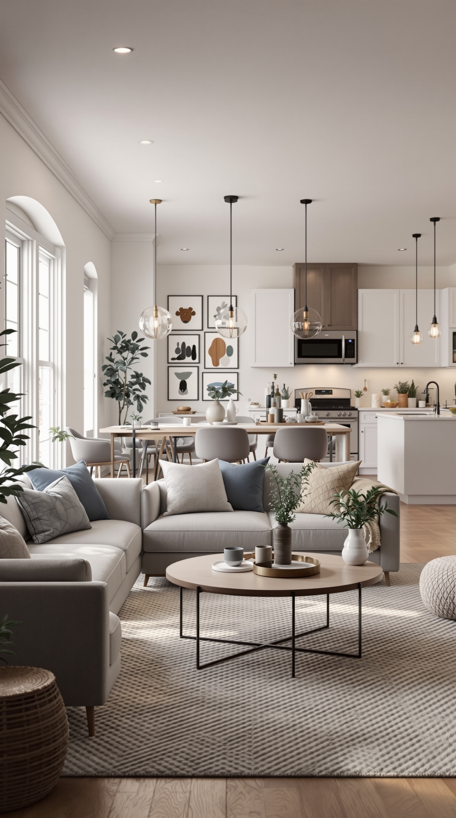 A modern open concept living room with a cozy sofa, a round coffee table, and a dining area in the background.