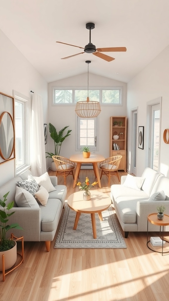 A bright open concept living space with a sofa, chairs, and dining table, featuring large windows and plants.