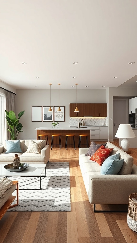 Open concept living space with a cozy seating area and modern kitchen in a one-storey Bloxburg house.