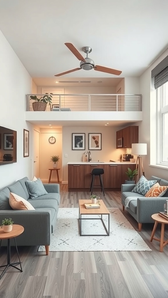 A stylish open concept studio apartment featuring a living area and kitchen with modern decor.