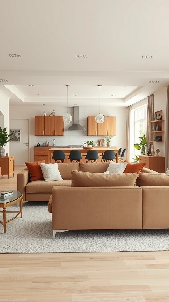 Open concept living room featuring a light brown couch, wooden kitchen cabinets, and a bright atmosphere.