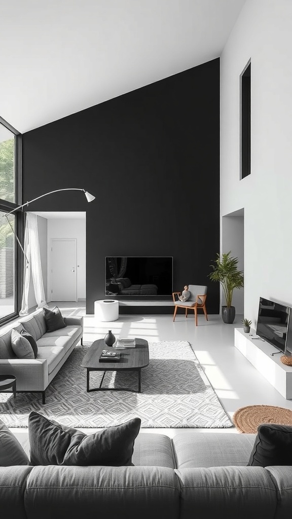 Open concept living room with black wall and white floors, featuring modern furniture and natural light.