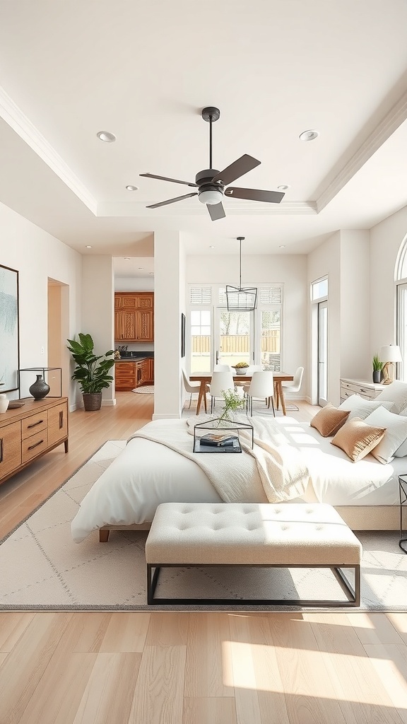 Modern farmhouse bedroom with open floor plan, featuring a cozy bed, stylish bench, and large windows.