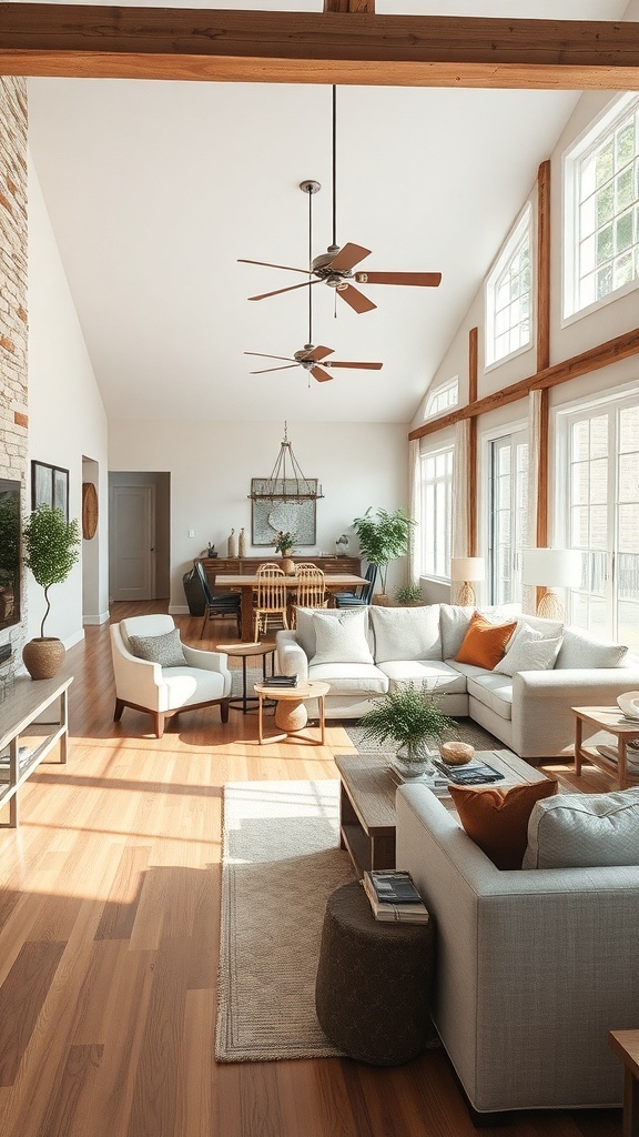 A rustic living room with an open floor plan featuring large windows, wooden beams, and cozy furniture.