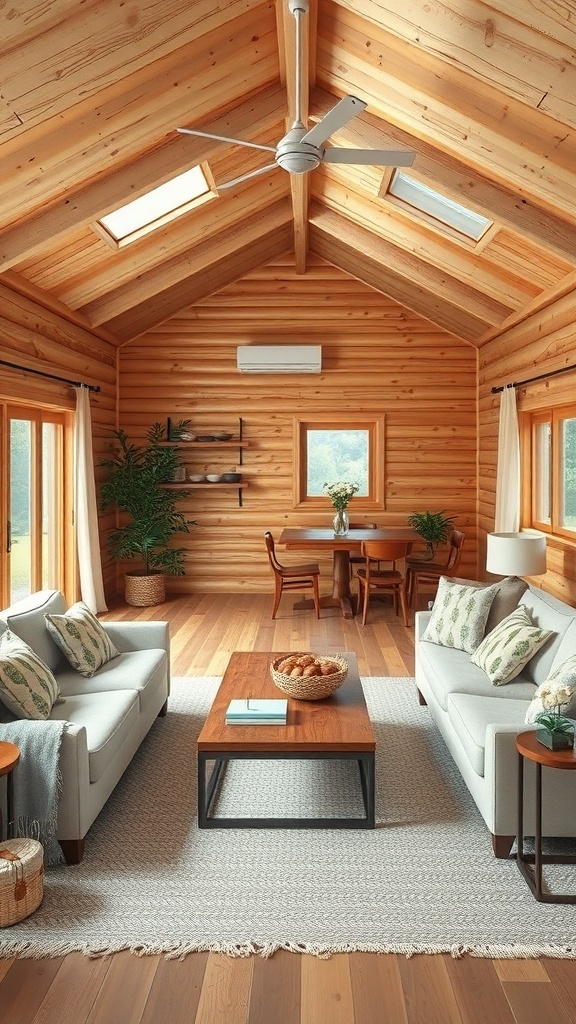 Cozy cabin interior with an open floor plan featuring wooden ceilings, comfortable seating, and a dining area.