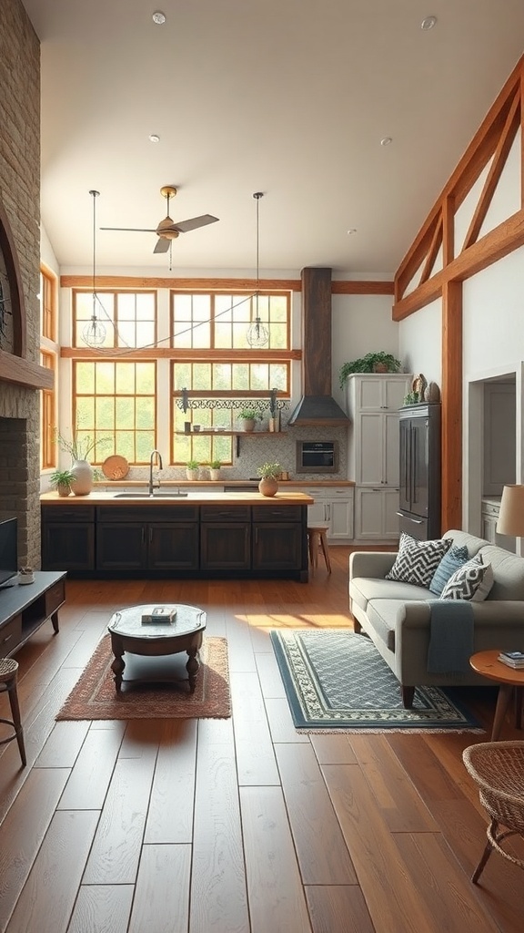 A rustic open floor plan featuring a cozy living area and kitchen with large windows, wooden beams, and warm tones.