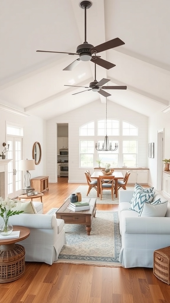 Cozy cottage living room with open layout, featuring comfortable sofas, wooden floors, and a dining area.