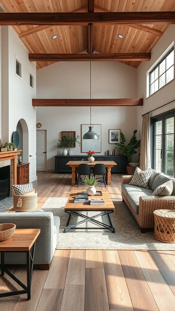 A rustic French country living room featuring high wooden ceilings, a cozy sofa, and a dining area.