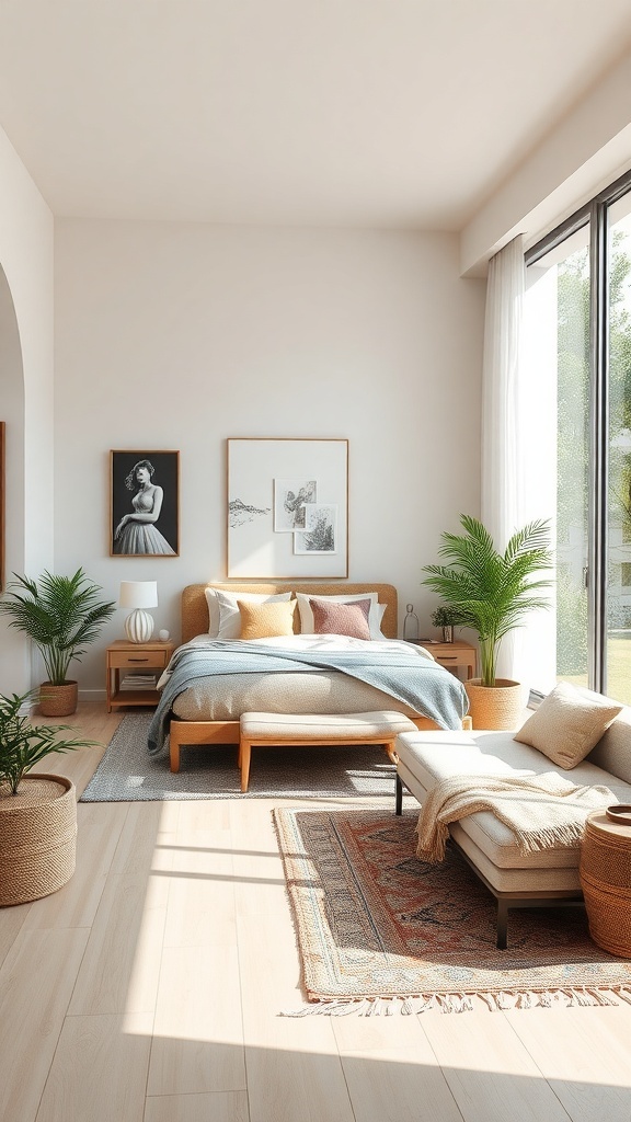Modern bedroom with open layout, large windows, plants, and cozy decor