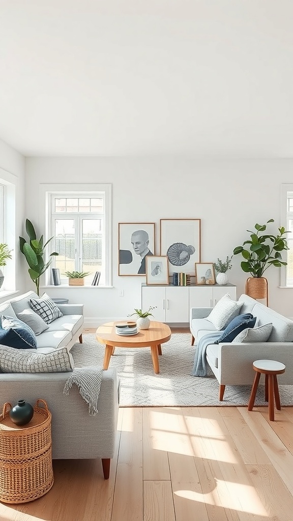 Cozy Scandinavian living room with an open layout, featuring light colors, natural light, and plants.