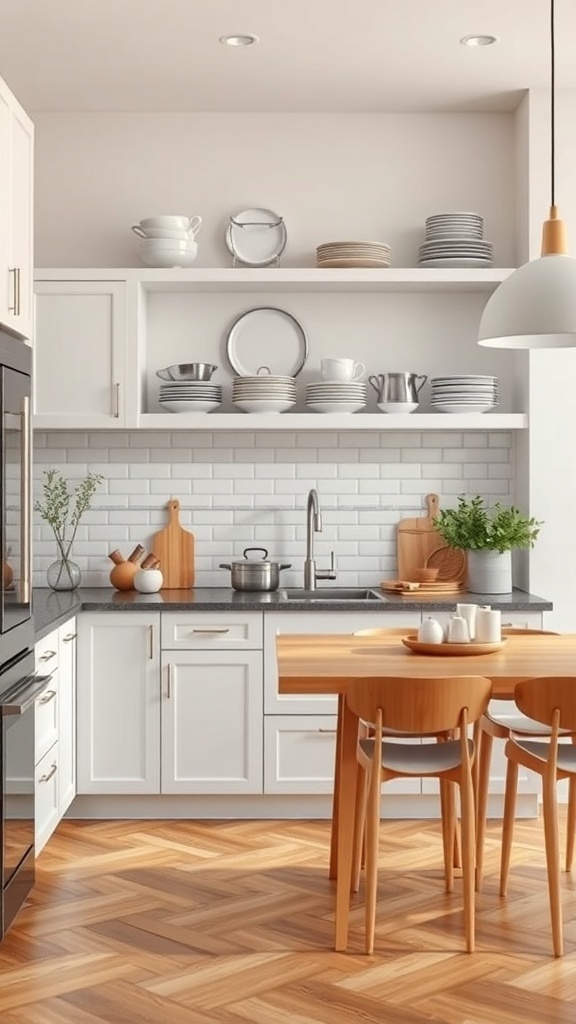 A modern kitchen featuring open shelves with neatly arranged dishes and a wooden dining table.