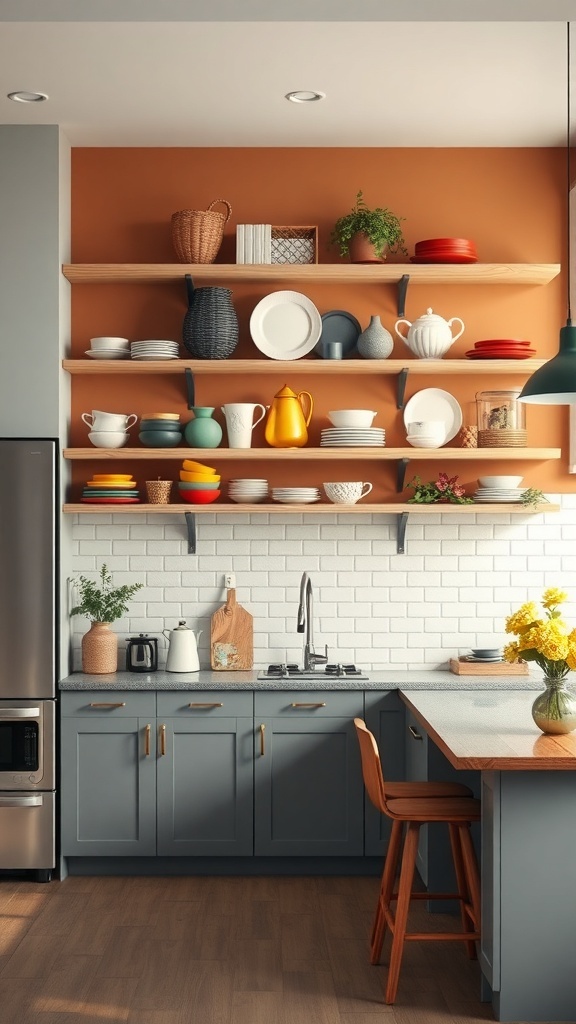 A kitchen featuring open shelving against a contrasting orange wall, displaying various dishes and decorative items.
