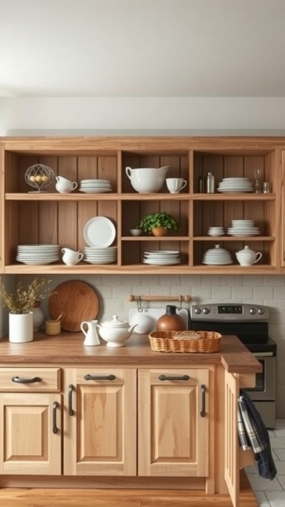 Rustic kitchen with open shelving displaying plates, bowls, and decorative items.