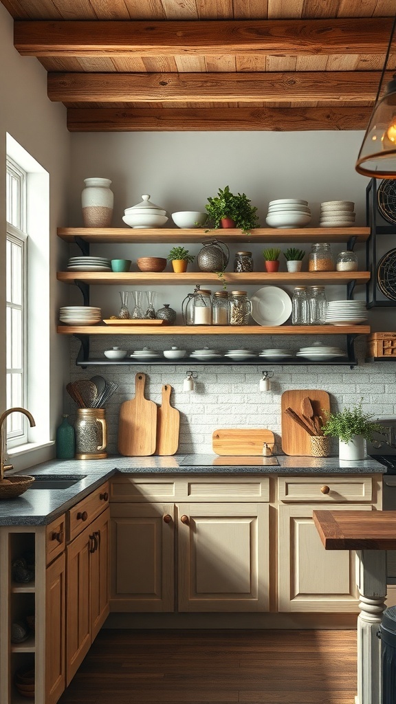 Rustic farmhouse kitchen with open shelving displaying dishware and plants