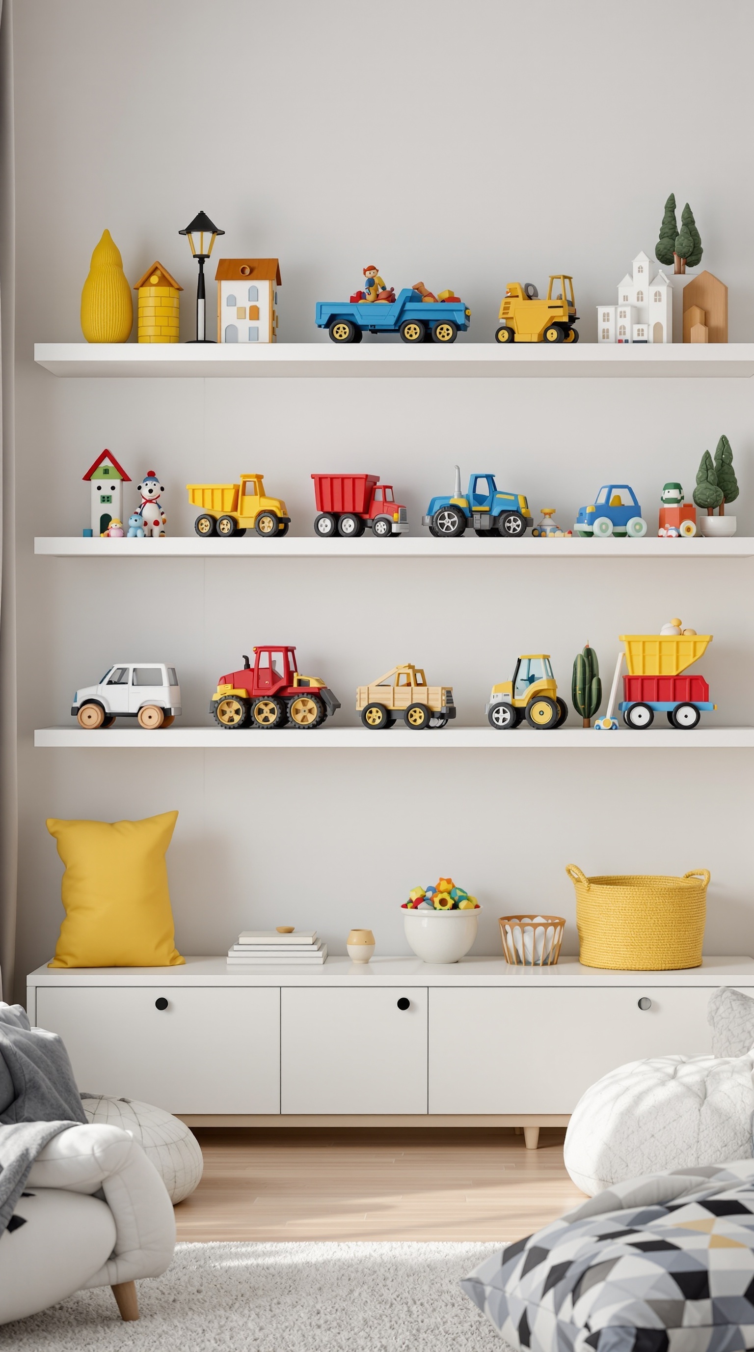 Colorful toy trucks displayed on open white shelves with decorative elements.