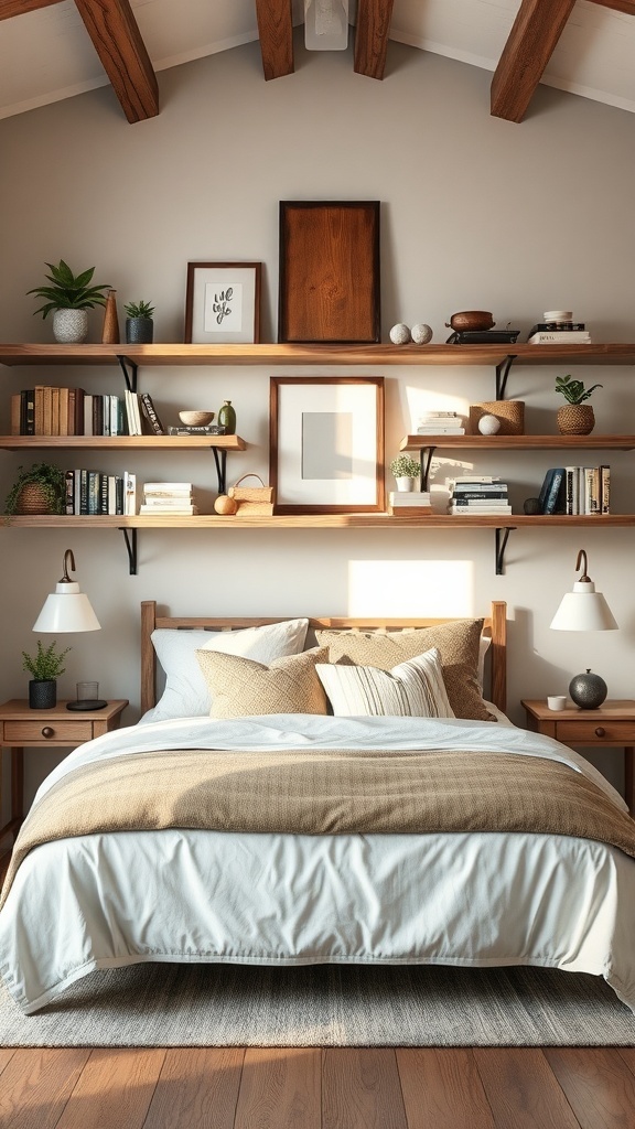 A cozy farmhouse bedroom featuring open shelving with books, plants, and decorative items.