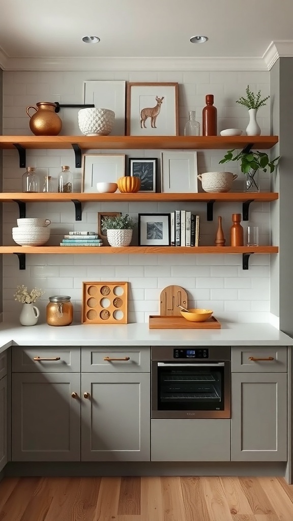Open shelving display in a kitchen with decorative items and kitchenware.