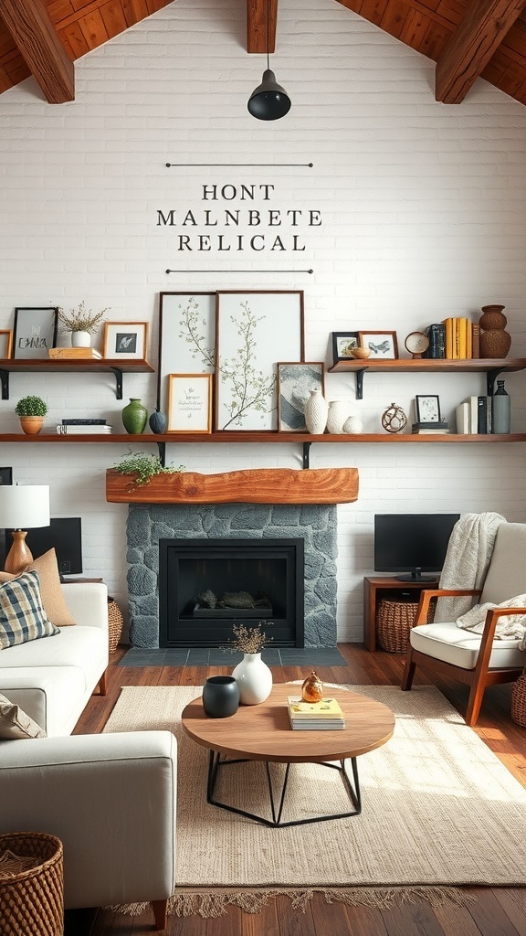 A modern rustic living room featuring open shelving with decorative items and plants.