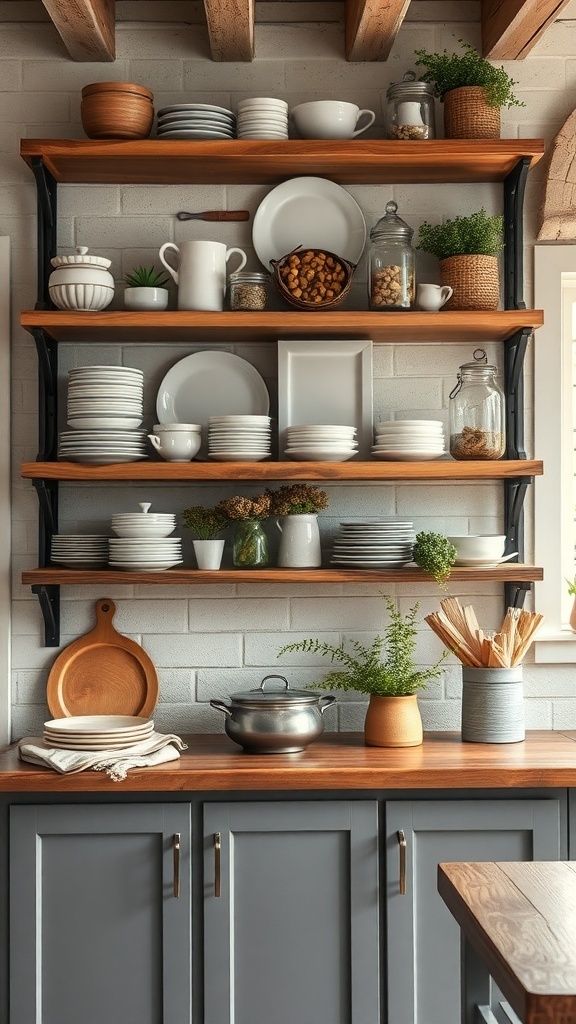 Open shelving in a modern rustic kitchen displaying dishes, jars, and plants.