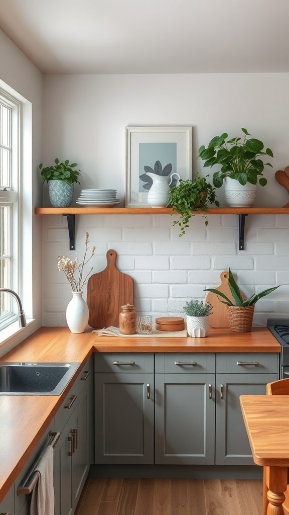 Cozy kitchen with open shelving displaying plants and kitchenware