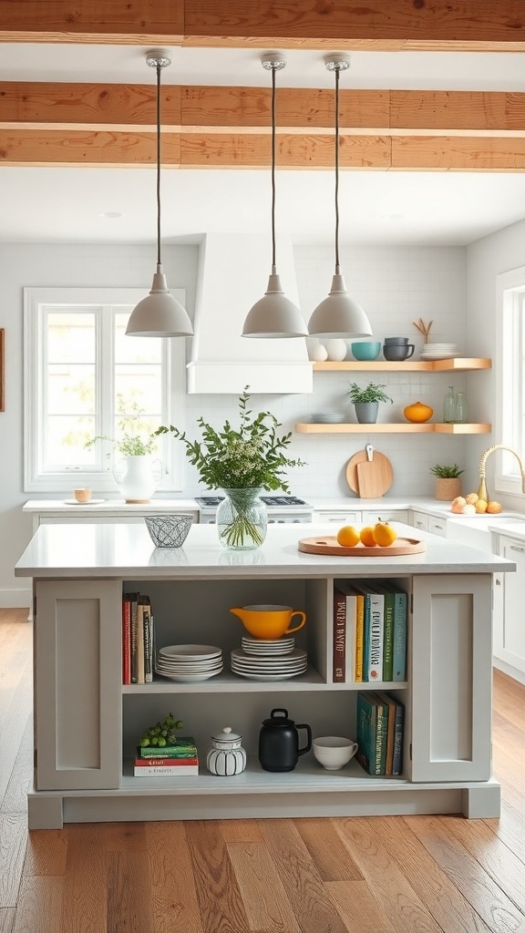 A modern kitchen island with open shelving displaying dishes and cookbooks.