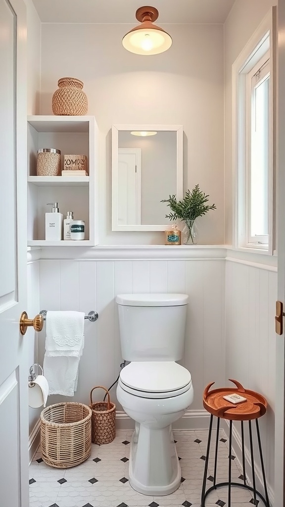 A small powder room featuring open shelving with decorative items and a plant.