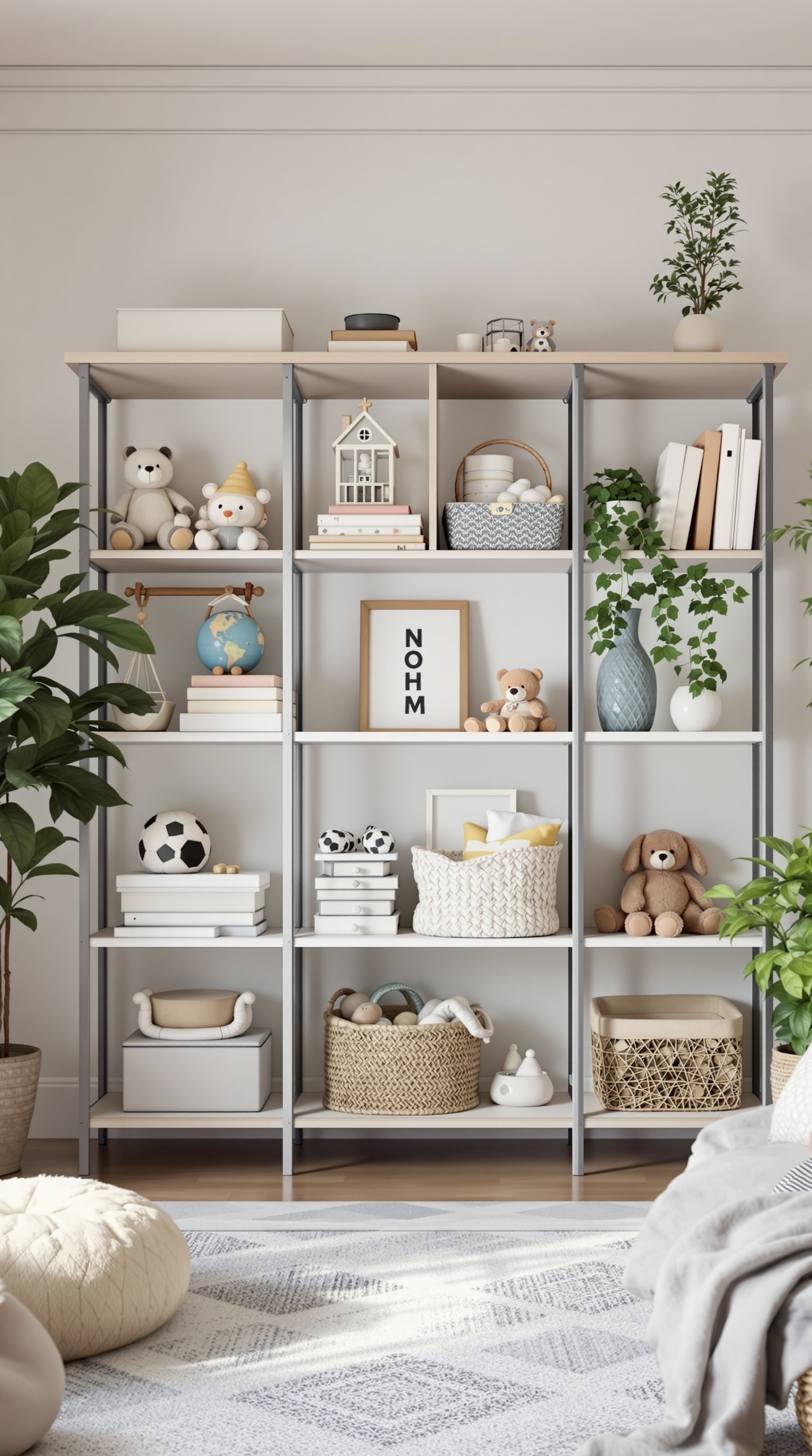 Open shelving unit displaying toys, books, and decorative items in a toy room